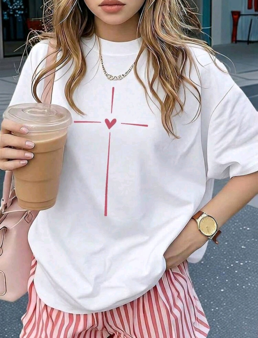 Woman Heart Cross White T-Shirt (L)